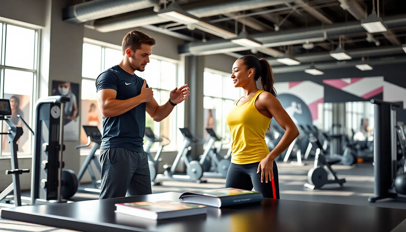 personal trainer guiding a client in a modern gym.