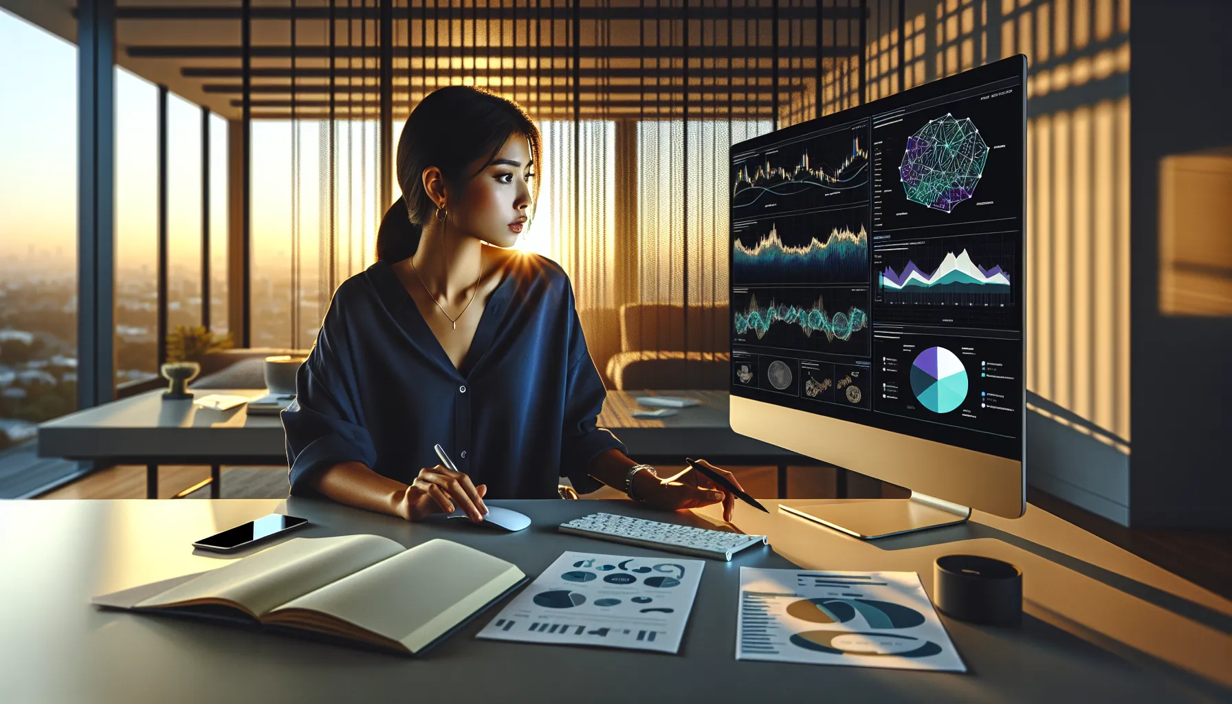Analyst examining tokenomics charts and cryptocurrency economic data on computer monitor in modern office.