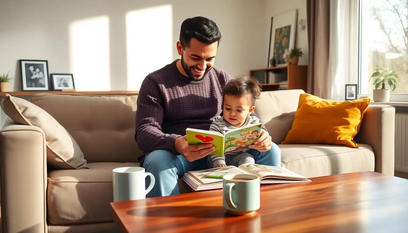 A solo parent reading with their child in a cozy living room.