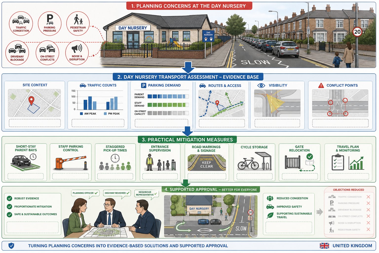 Infographic showing nursery transport assessment reducing planning concerns and objections in the UK.