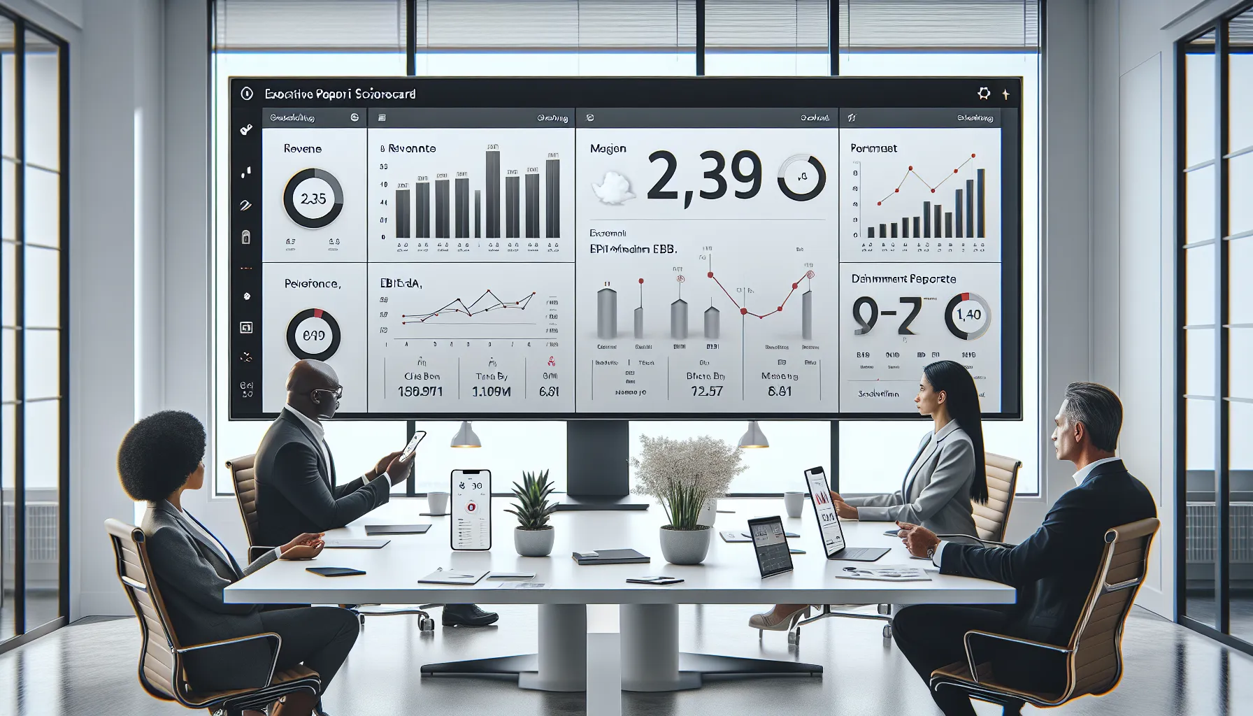 Executives review a one-page Power BI KPI scorecard across desktop and mobile devices.