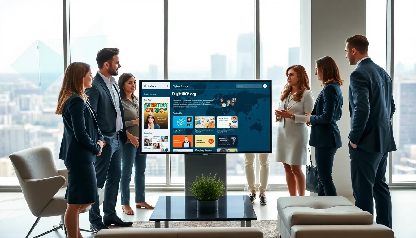 diverse professionals discussing digital literacy in a modern office.