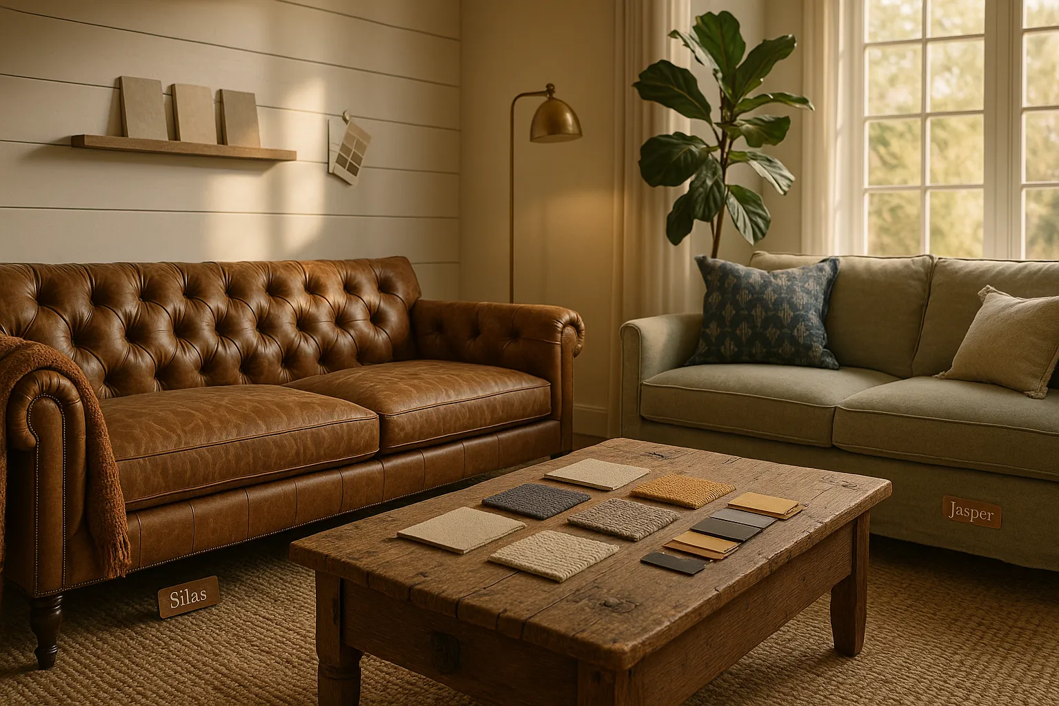 Two Rustic Classic sofas with material swatches and textured decor in a living room.
