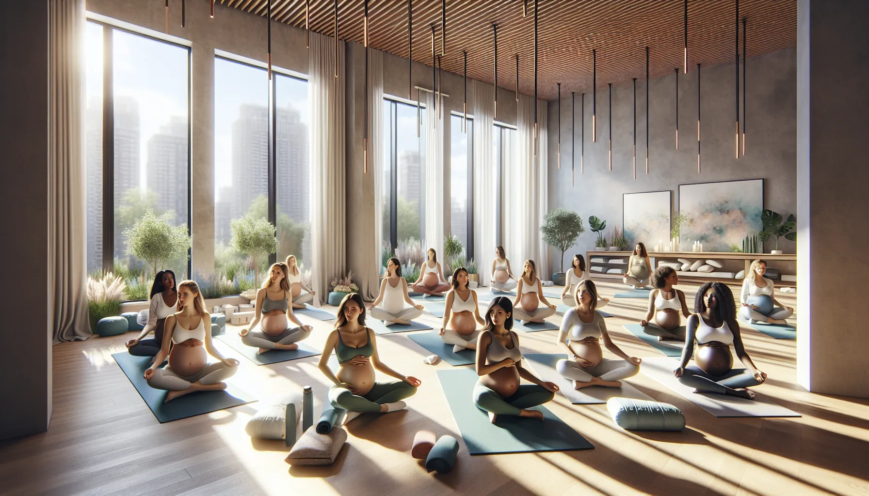 pregnant women practicing yoga in a calming wellness space.
