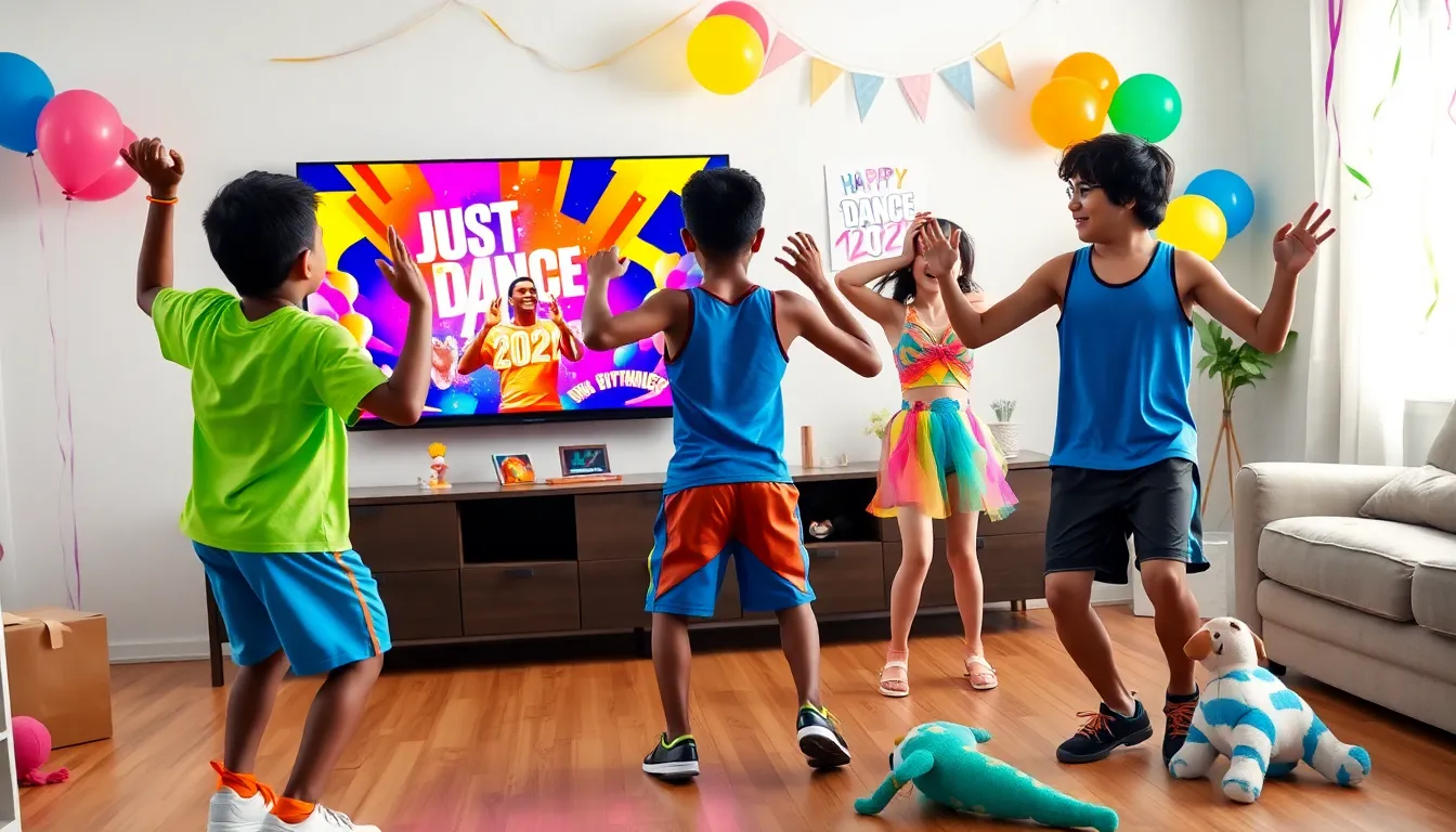 Children dancing in a living room during a Just Dance 2022 party.