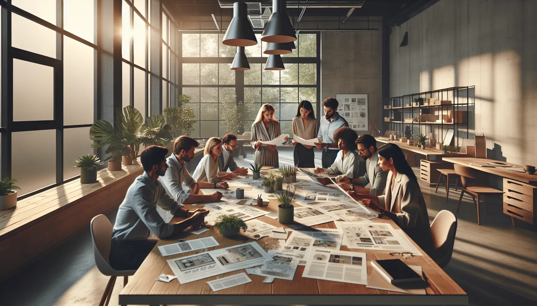 diverse team discussing sustainability initiatives in a modern office.