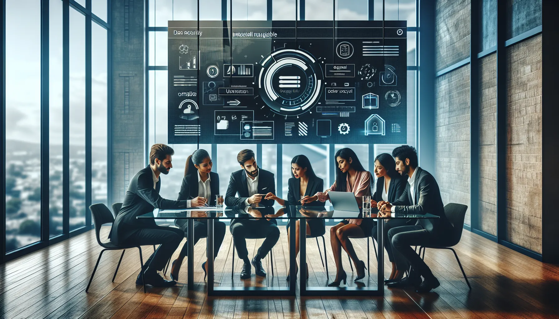 diverse team discussing features of CaladriusAPK20192 in a modern office.