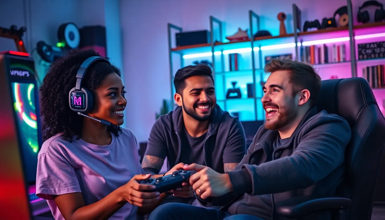 a diverse group of three friends gaming in a modern room.