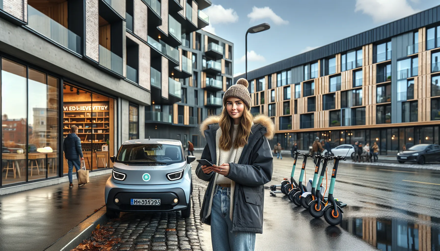 Young woman using sharing app by shared car, scooters and tool library in oslo.