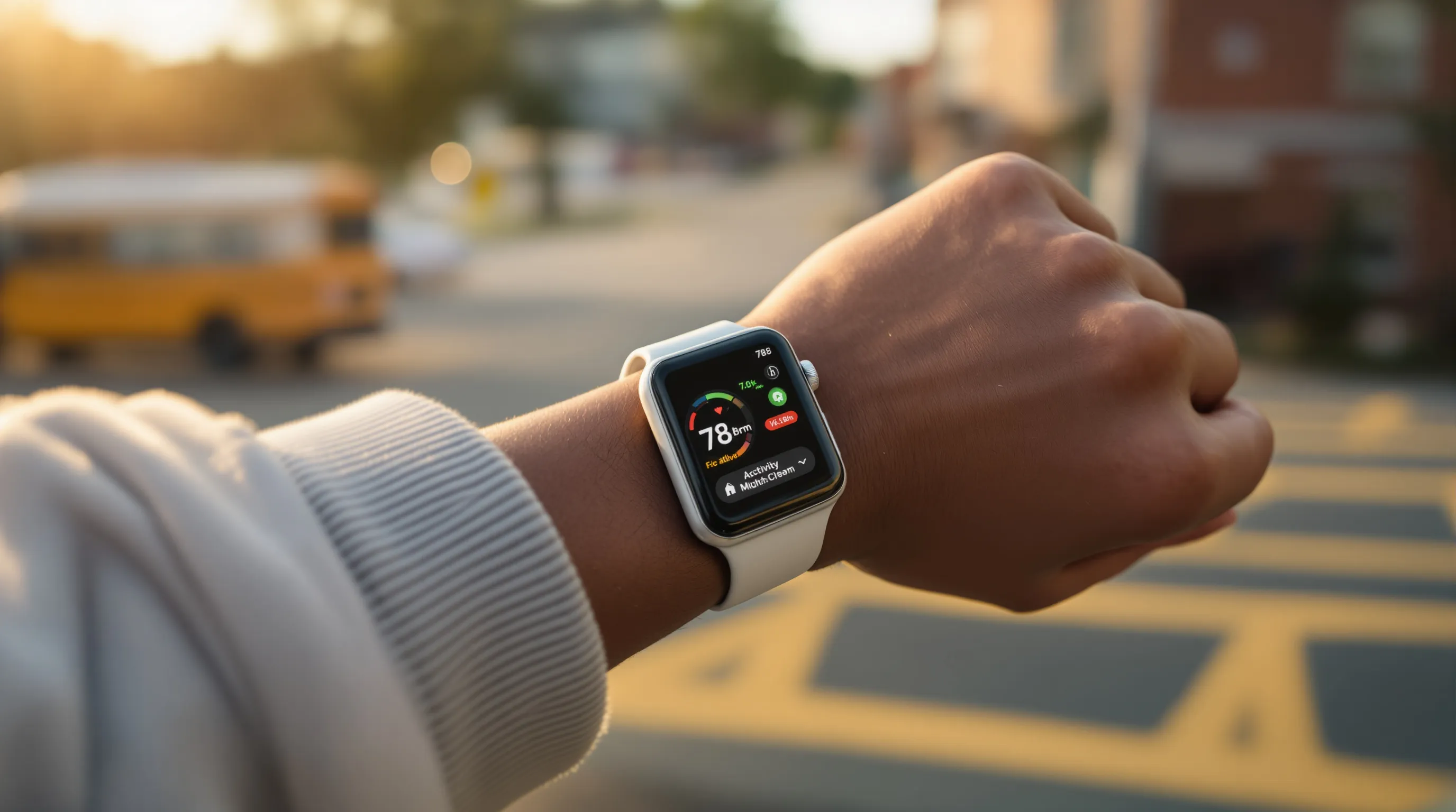 Close-up Apple Watch SE on a parent’s wrist at school drop-off.