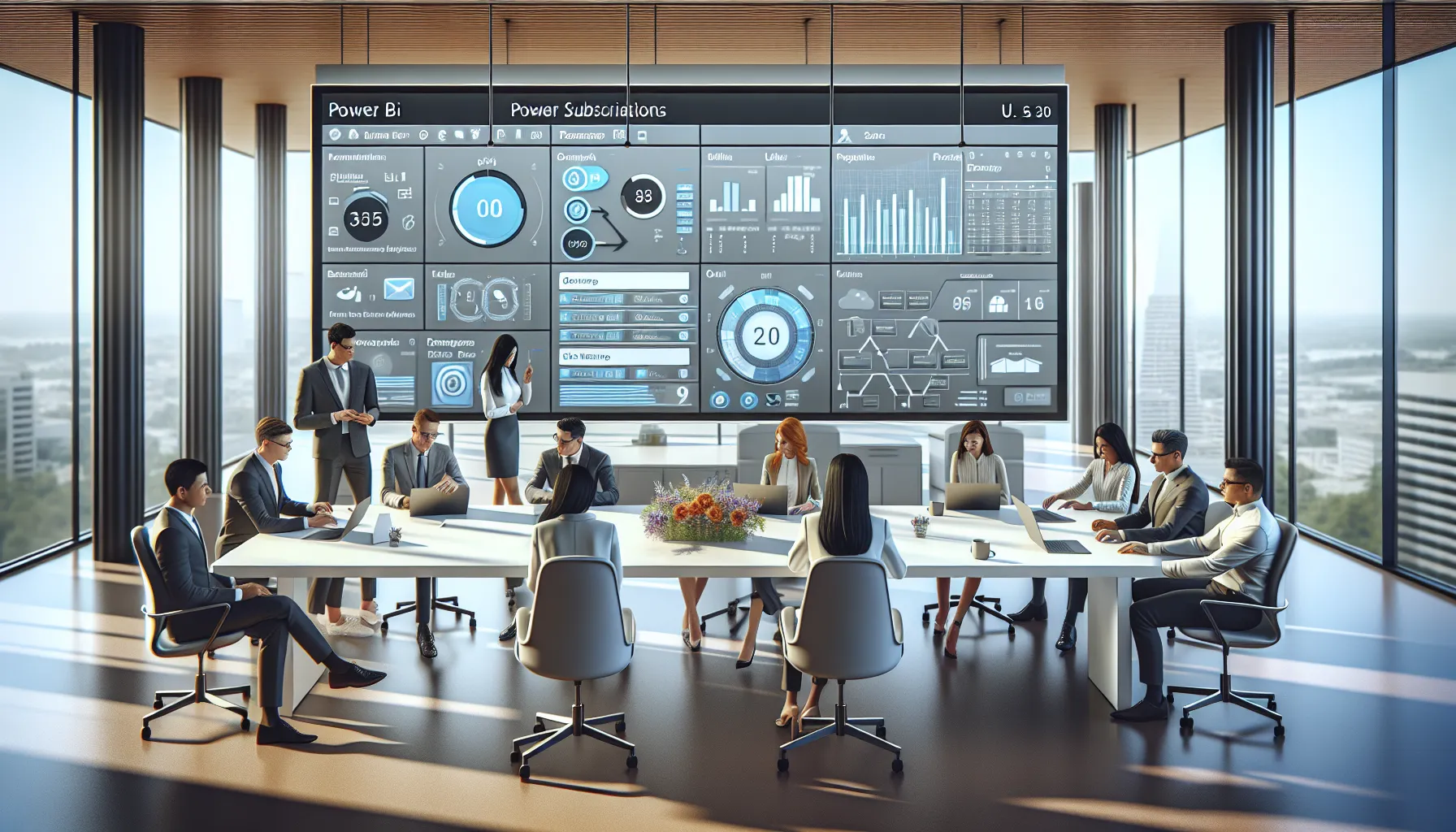 Professionals configuring Power BI email subscriptions on screens in a modern office.