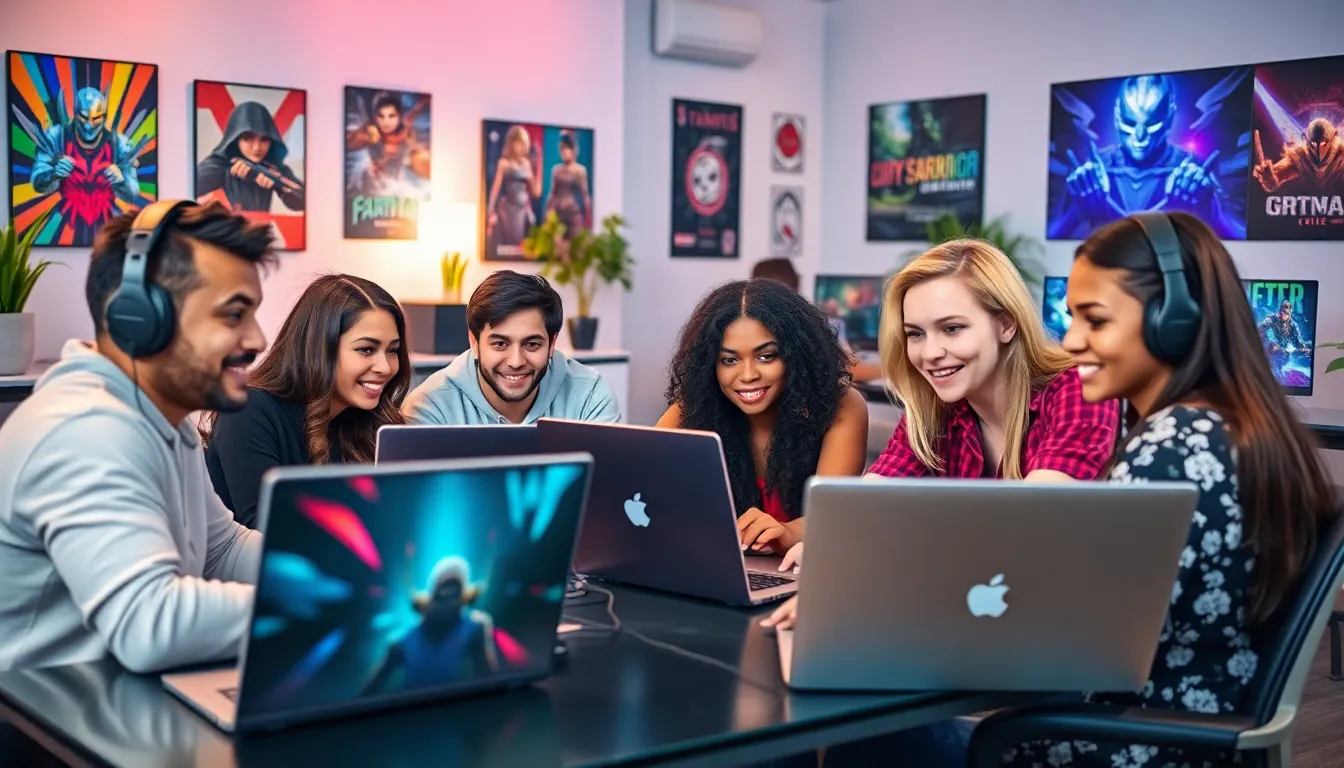 diverse group of gamers collaborating in a modern workspace.