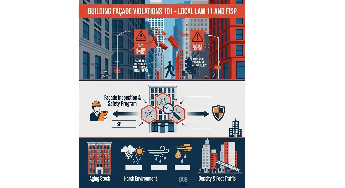 Infographic explaining NYC Local Law 11 facade safety risks and inspection requirements.