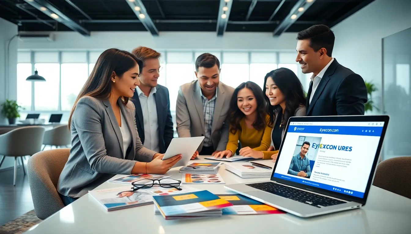 diverse professionals discussing eye care resources in a modern office.
