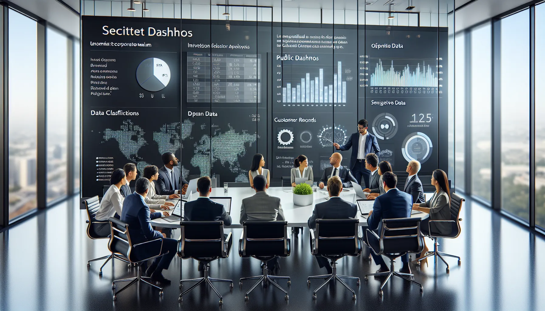 Diverse analytics team reviewing Power BI dashboards, weighing public versus sensitive data sharing.