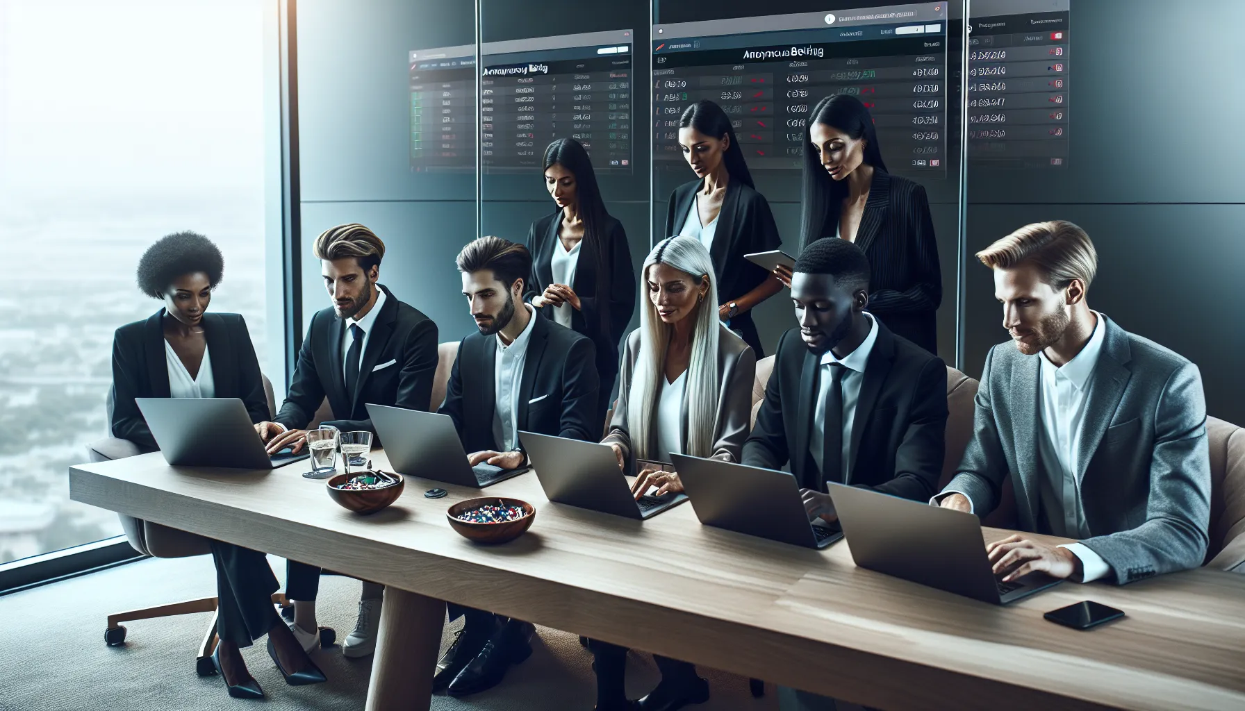 professionals collaborating on a betting exchange website in a modern office.