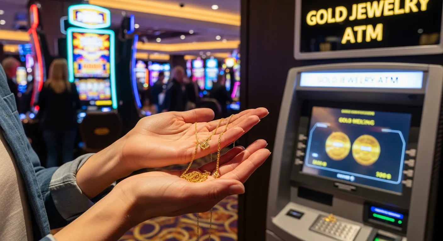 woman holding gold necklace near a casino ATM melting gold jewelry