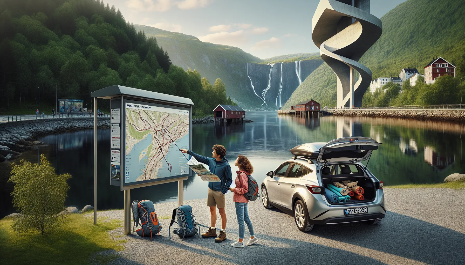 Couple by car planning norwegian road trip between modern art site and mountains.