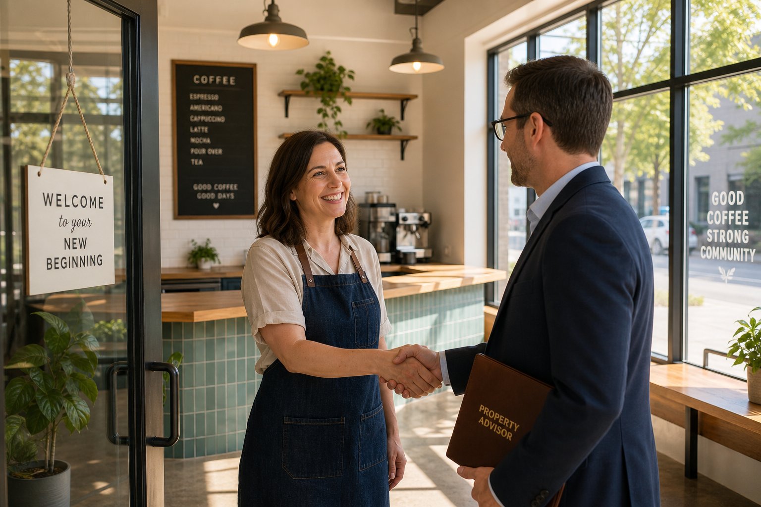 Commercial Mortgage Broker Stockport - Purchase and Refi 15 Small business owner shaking hands with an advisor inside a bright newly acquired commercial space.