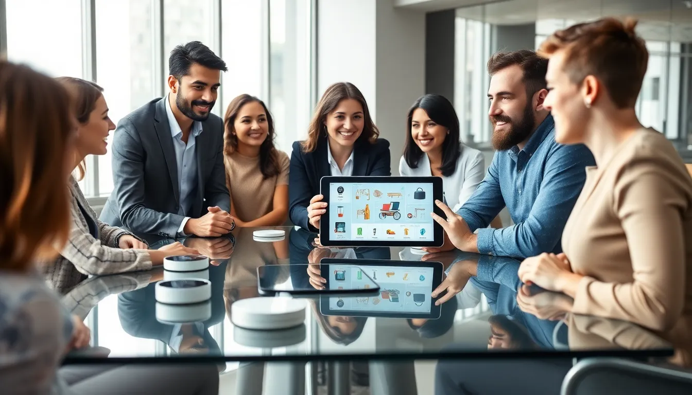 professionals discussing innovative gadget app features in a modern office.