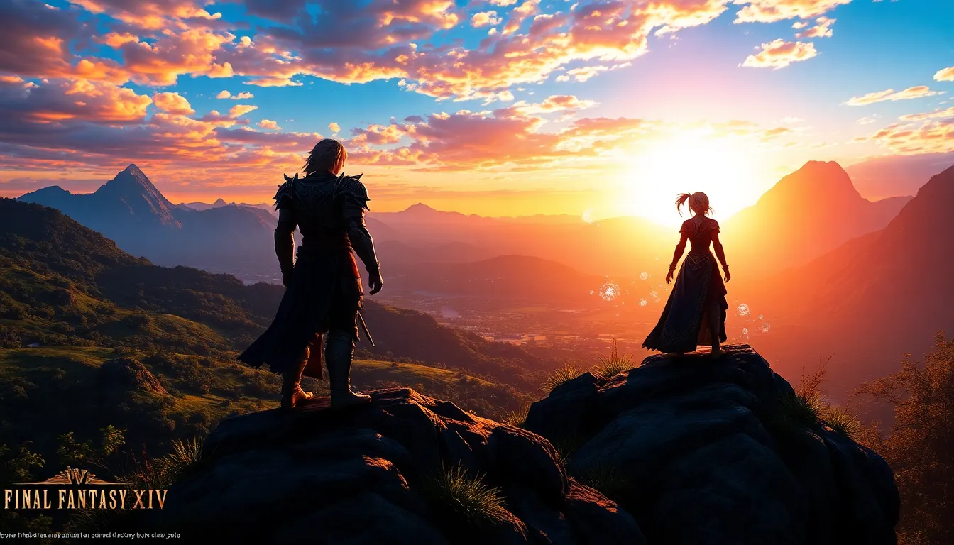 Final Fantasy XIV landscape featuring Thancred and Y'shtola characters.