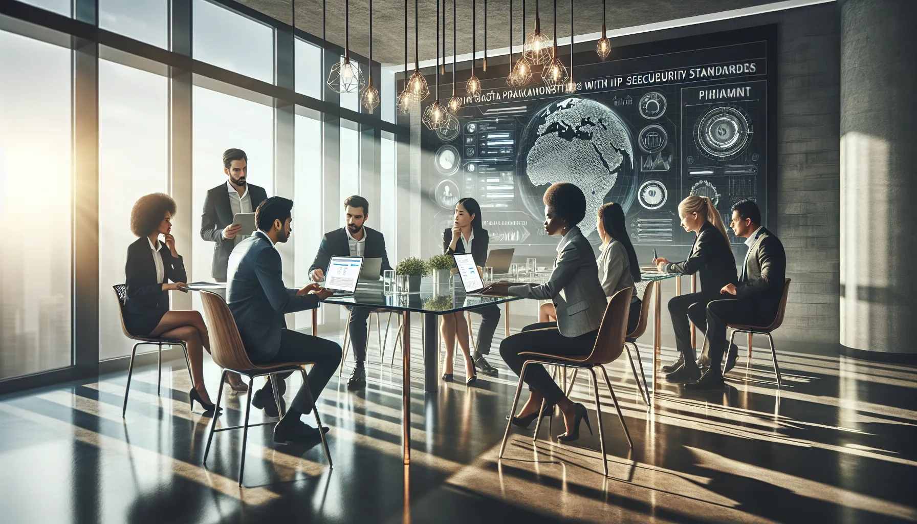 IT professionals discussing cybersecurity and privacy in a modern office.