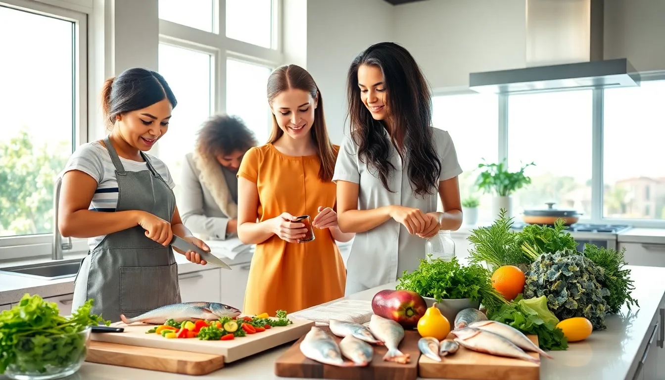 diverse group preparing a seafood dish in a modern kitchen.