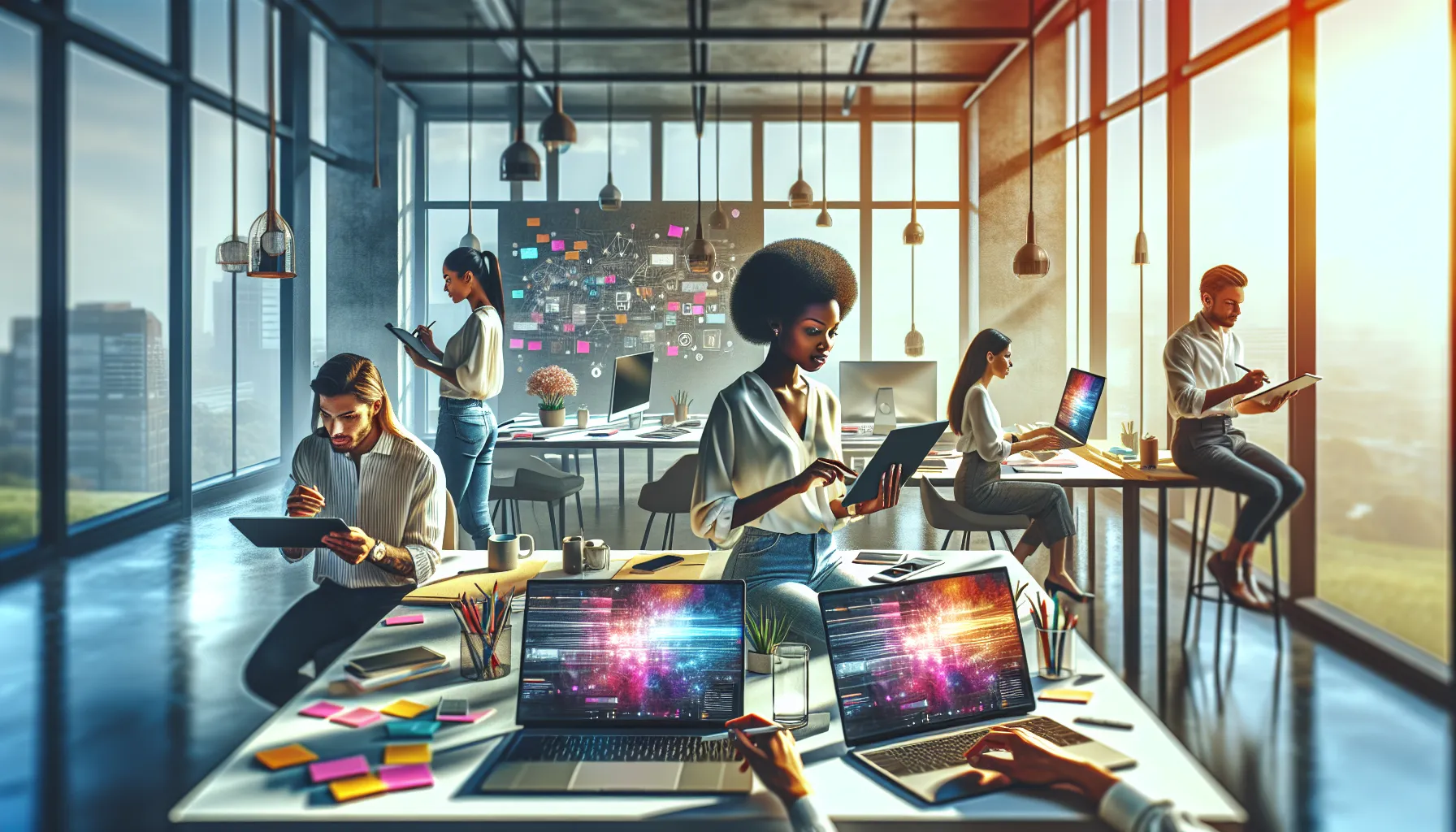 diverse team collaborating in a modern workspace, discussing online platform Oalieva81.