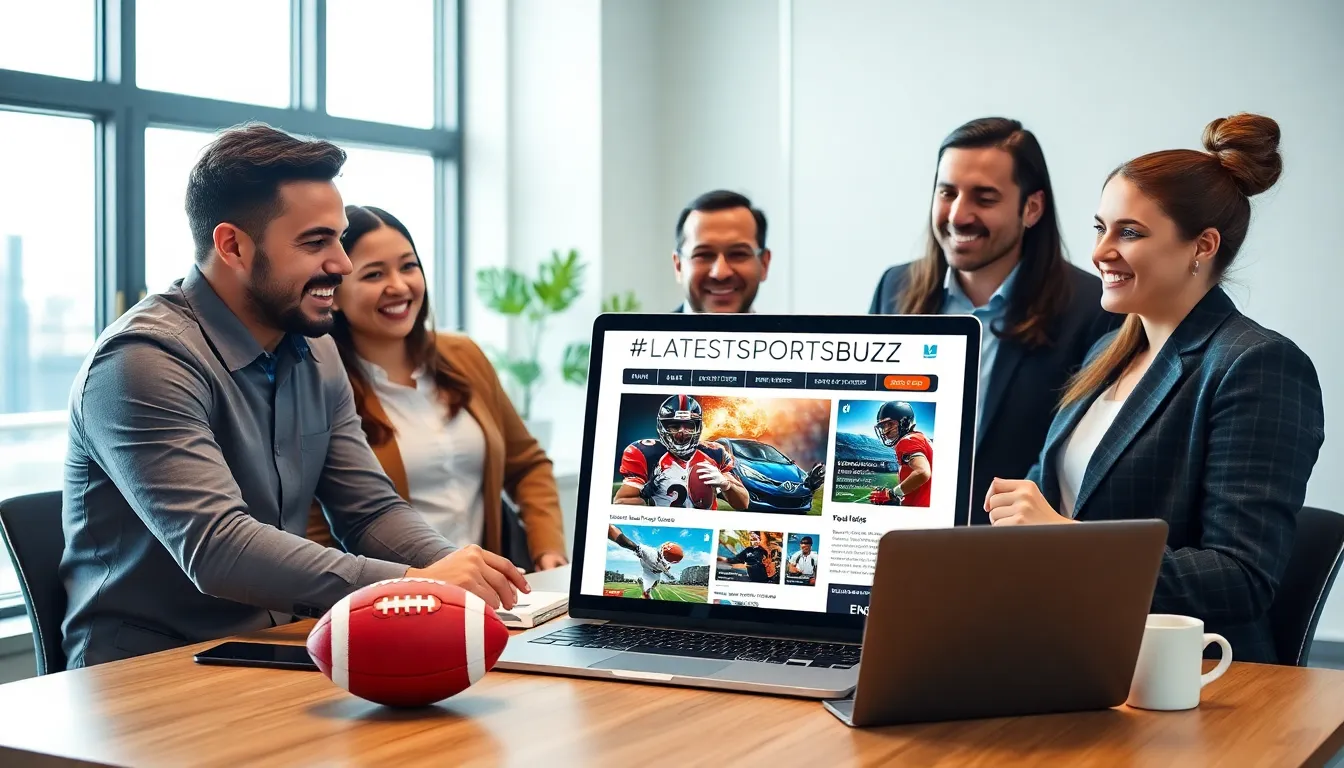 A diverse team discussing the #LatestSportsBuzz newsletter at a modern workspace.