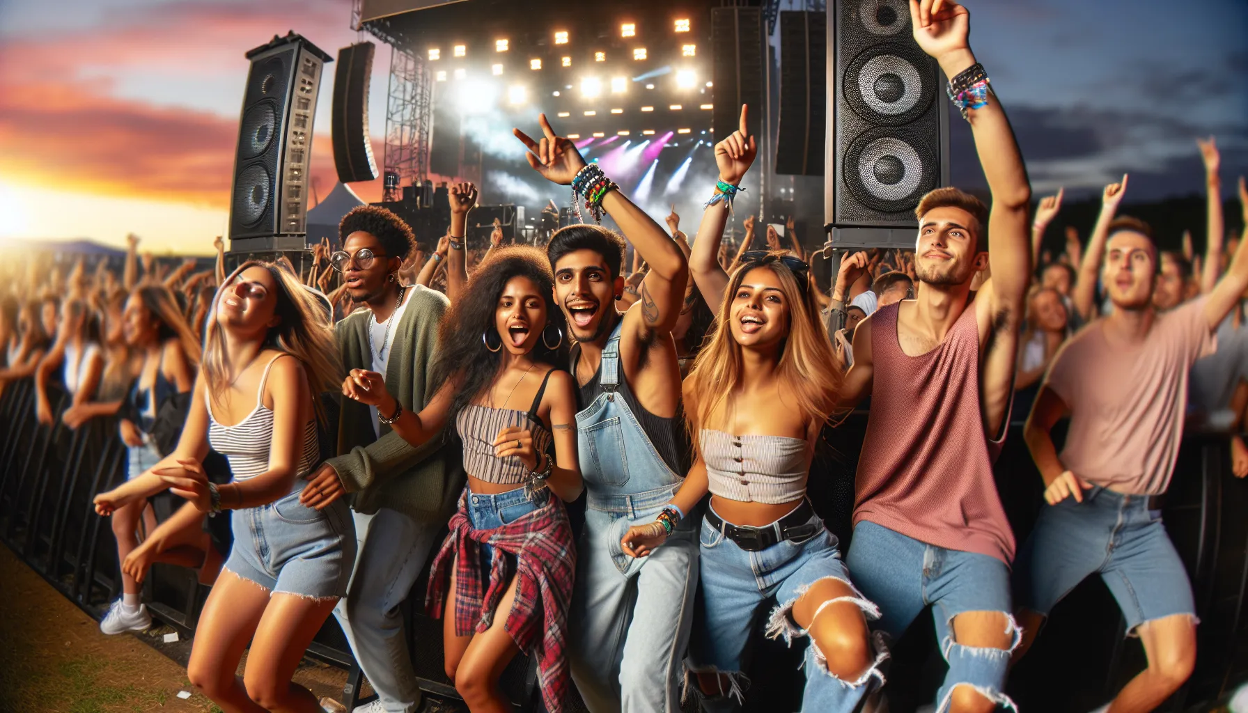 crowd dancing at an outdoor music festival with powerful sound system.