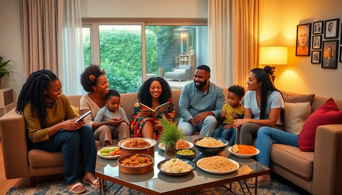 A Jamaican family enjoying a meal together in a cozy living room.