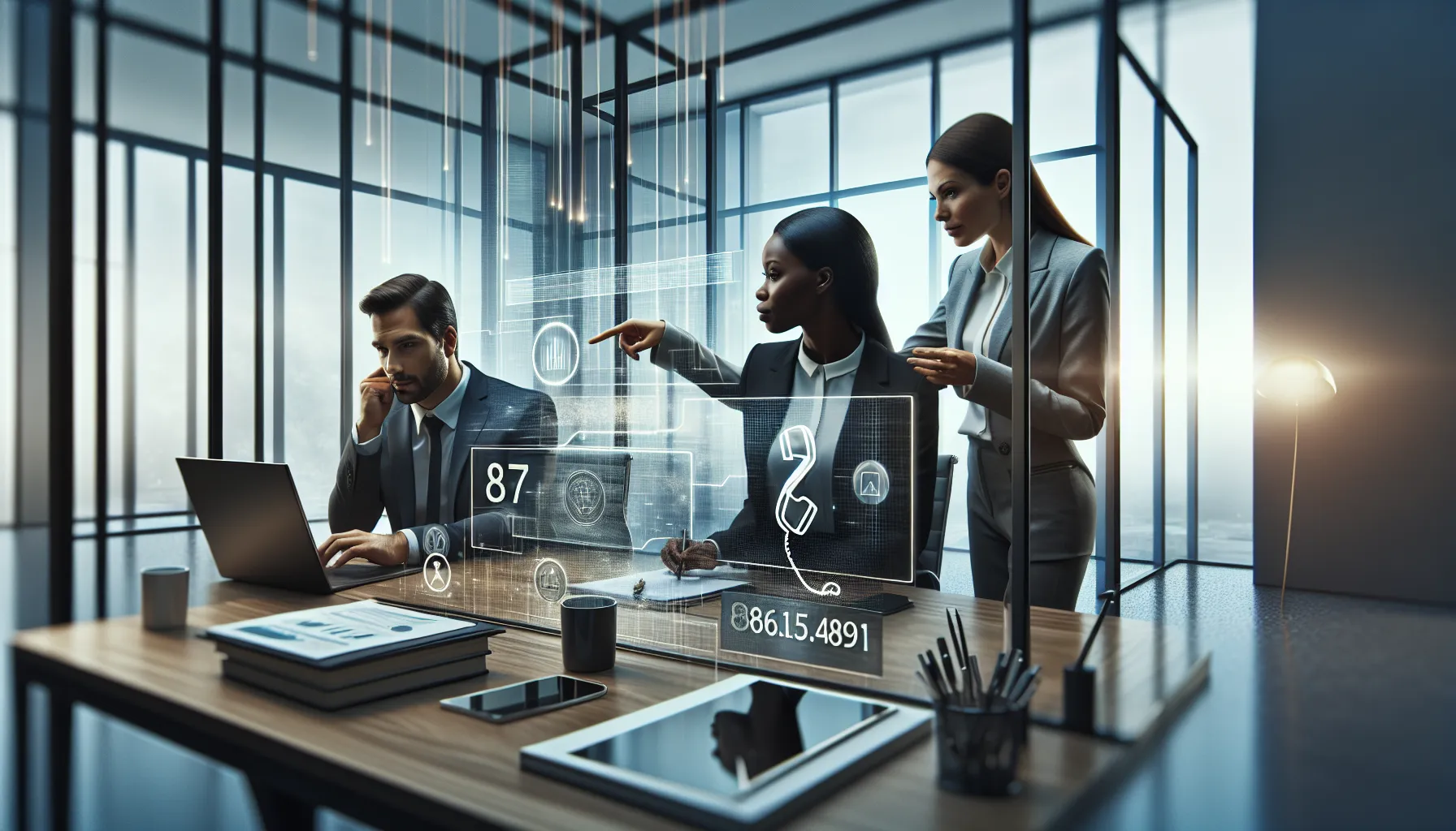 diverse team discussing phone services in a modern office.