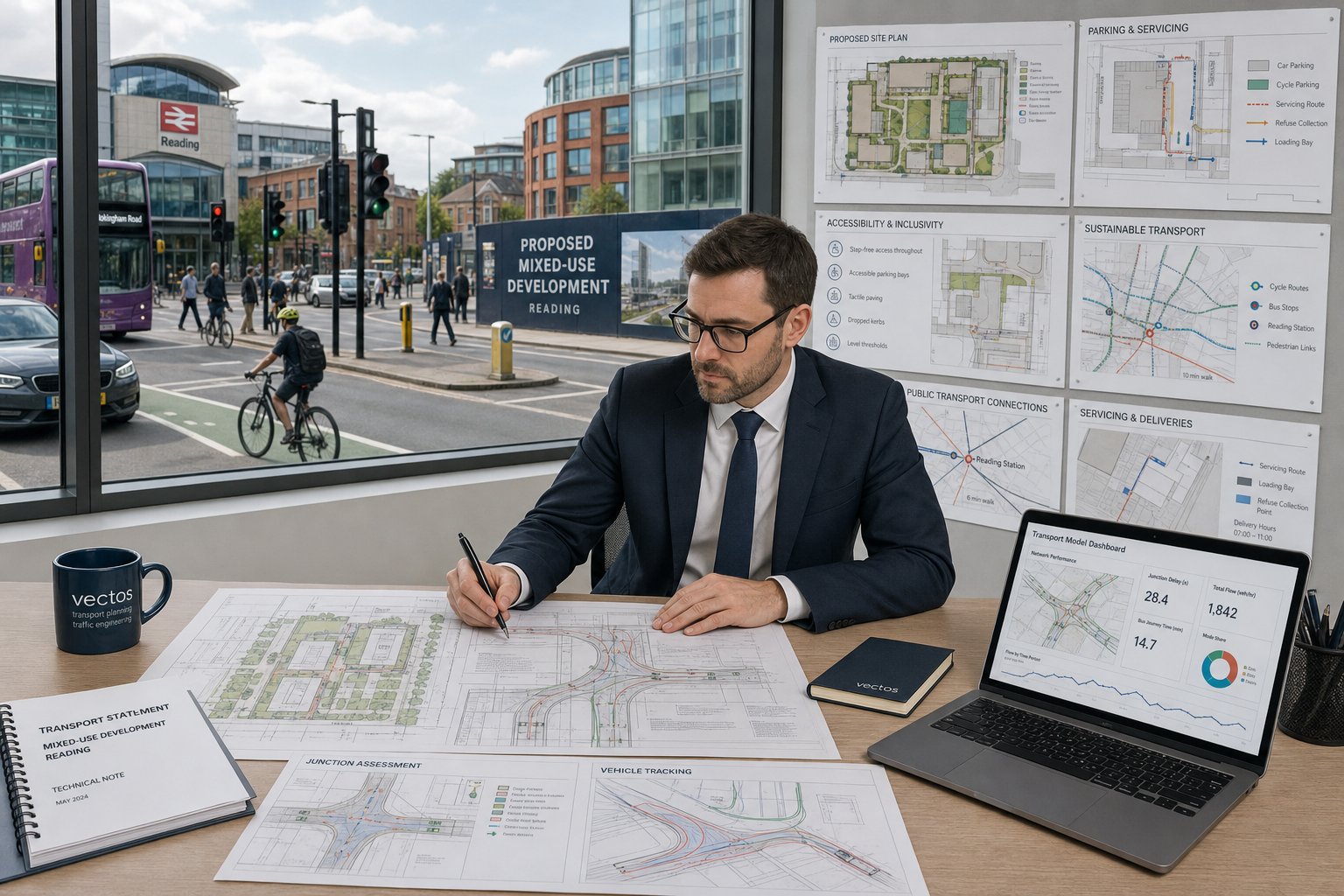 Traffic engineer reviewing a development transport plan in a modern UK office.