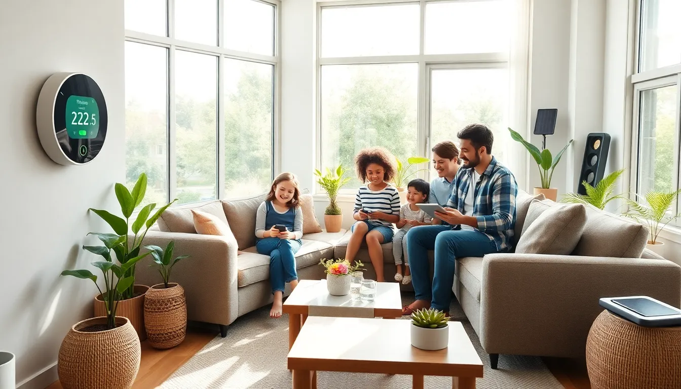 family using smart home technology in a modern eco-friendly living room.