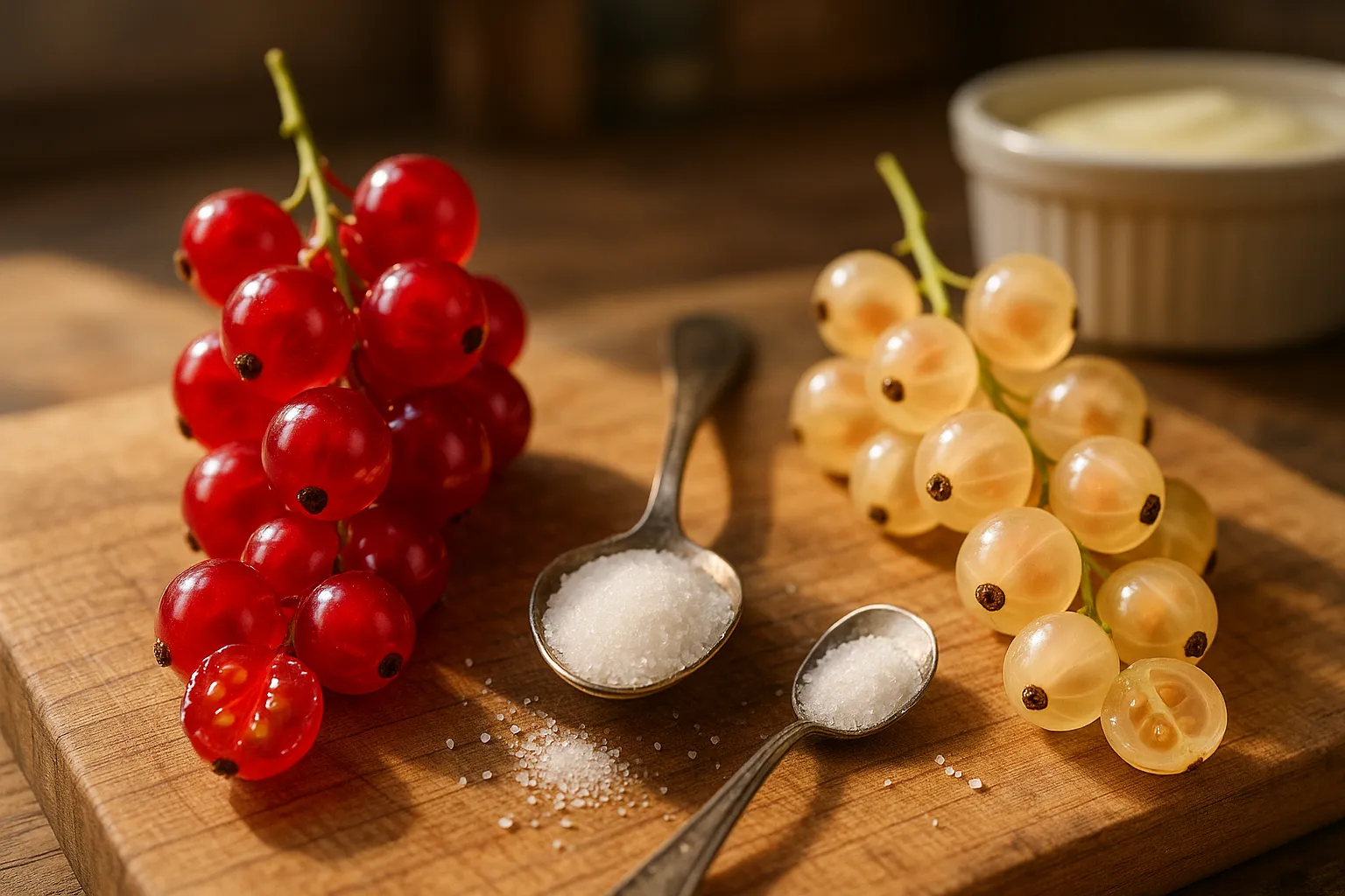 close-up of redcurrant and whitecurrant clusters with sugar and vanilla cream