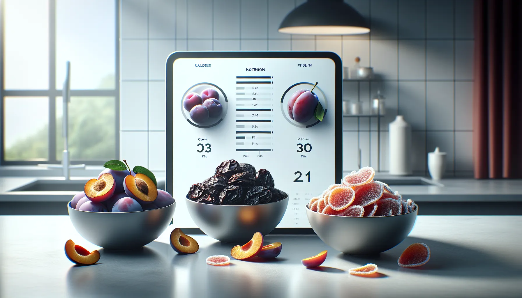 Comparison of fresh, dried, and frozen plums with nutrition information.