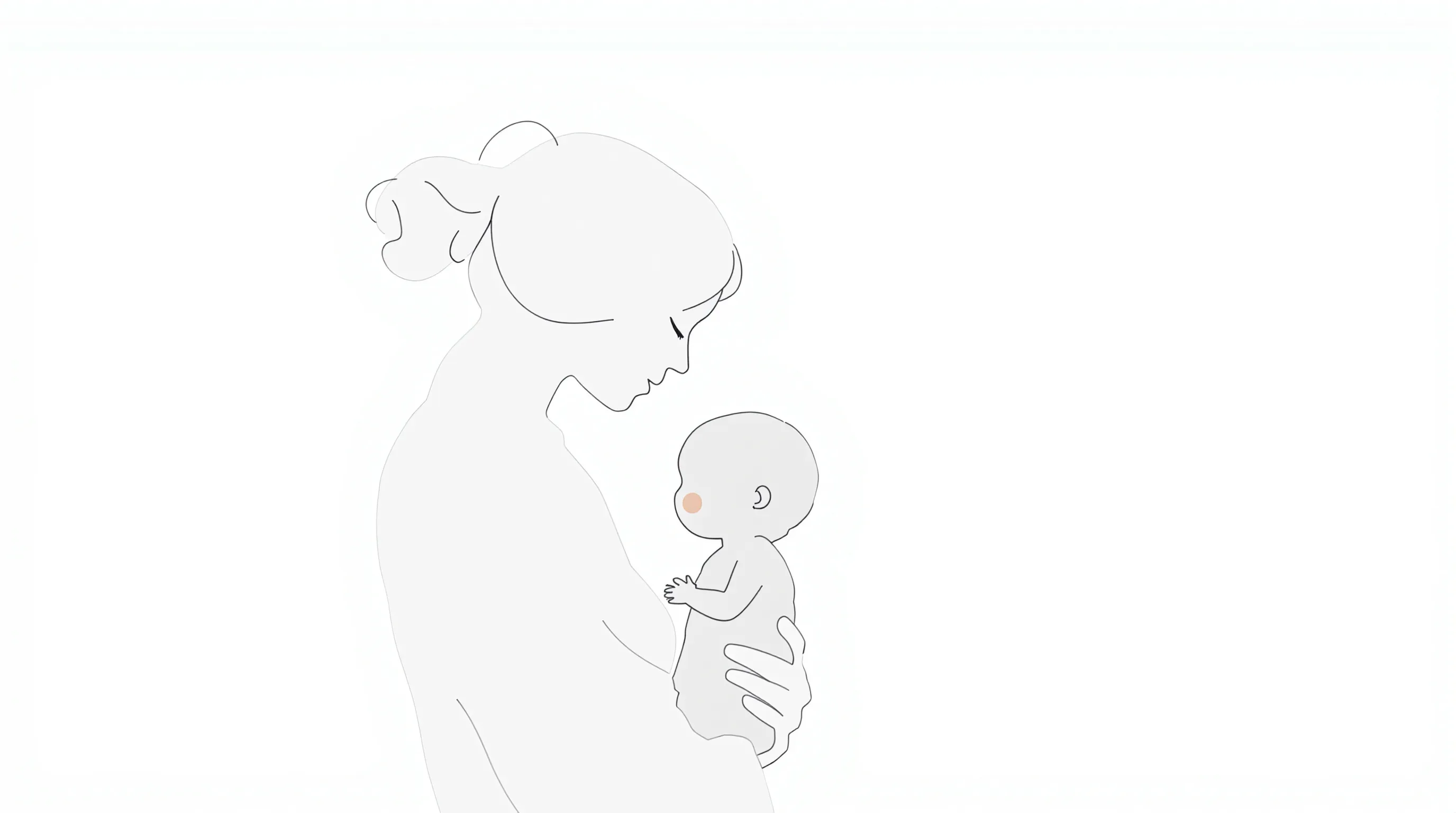 Mother and child embracing in minimal outline silhouette on white background.