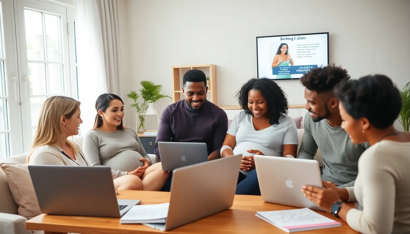 diverse parents participating in an online birthing class at home.