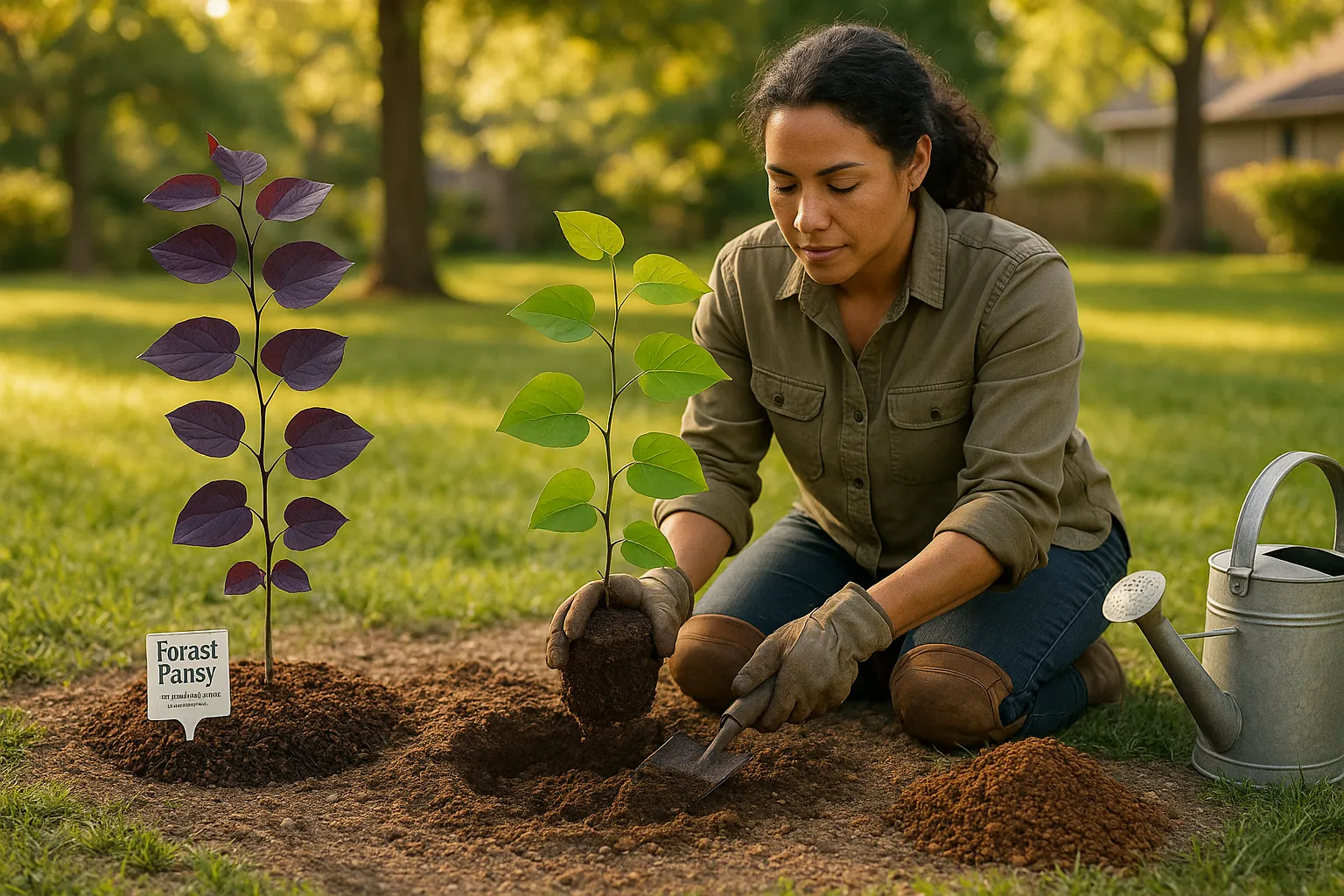 Gardener planting two labeled redbud saplings, Forest Pansy and Avondale.