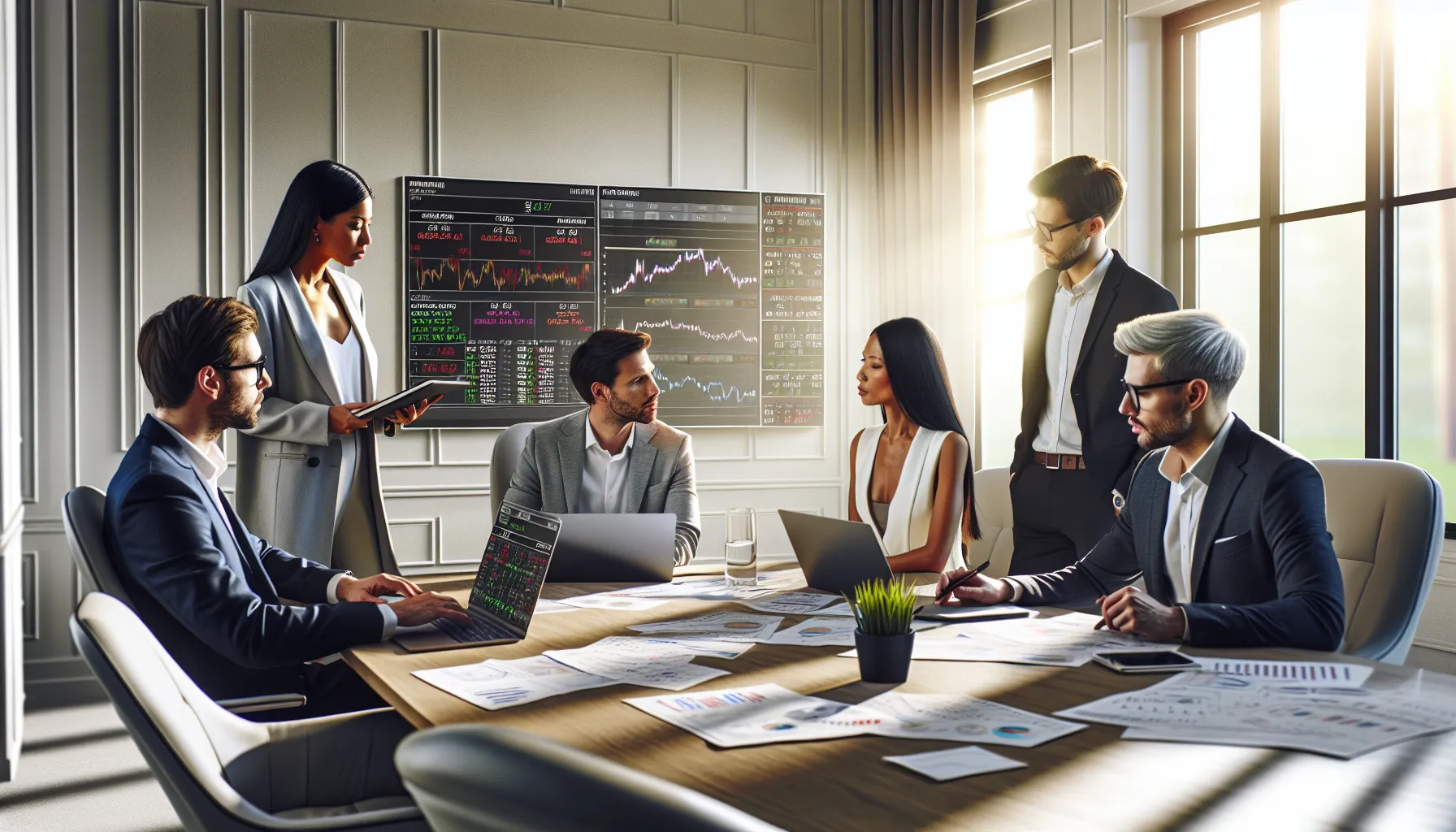 diverse team analyzing betting strategies in a modern office.