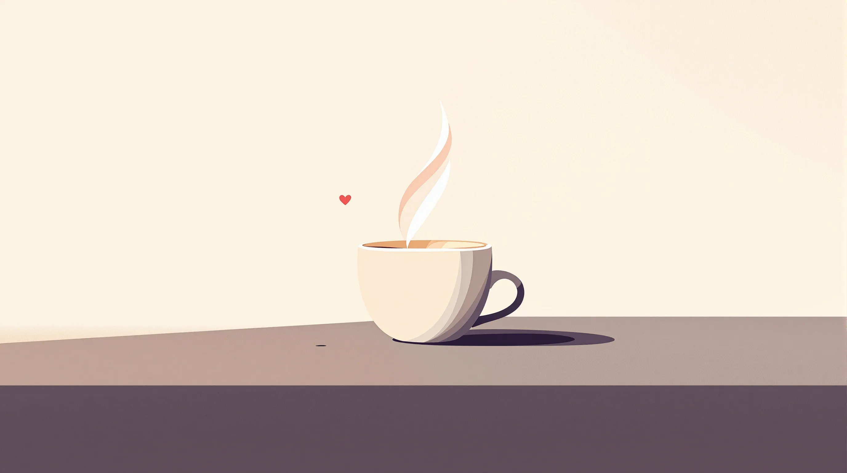 A simple coffee cup with rising steam and a small heart symbol on a clean background.