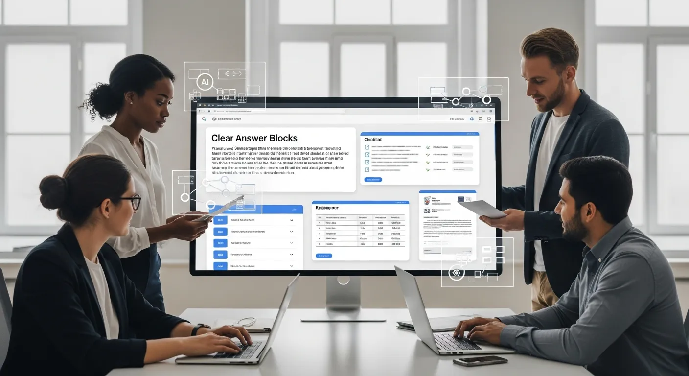 Diverse marketing team reviewing AI-powered search answer blocks on a large office screen.