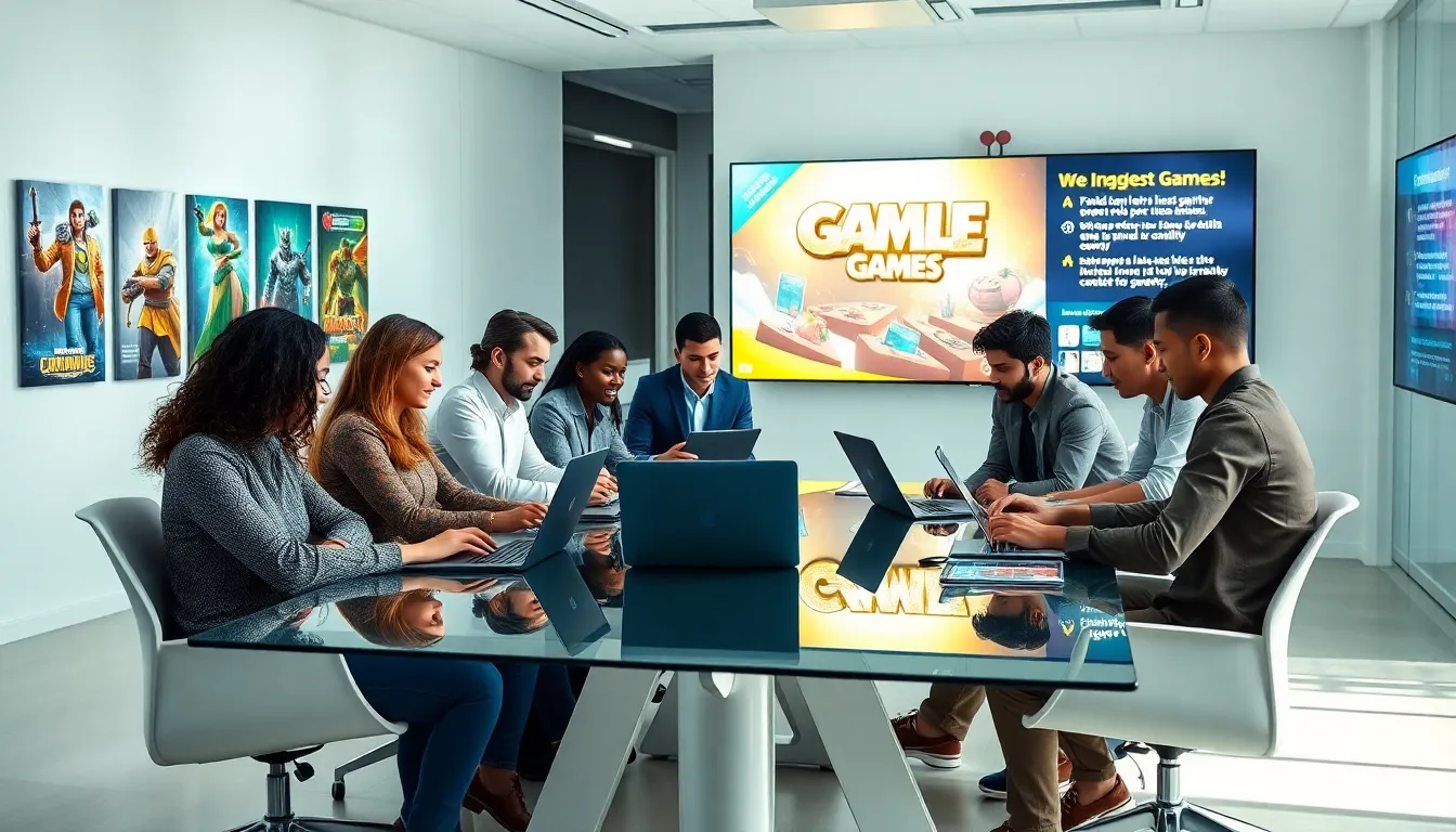 diverse team collaborating in a modern office for a game development company.