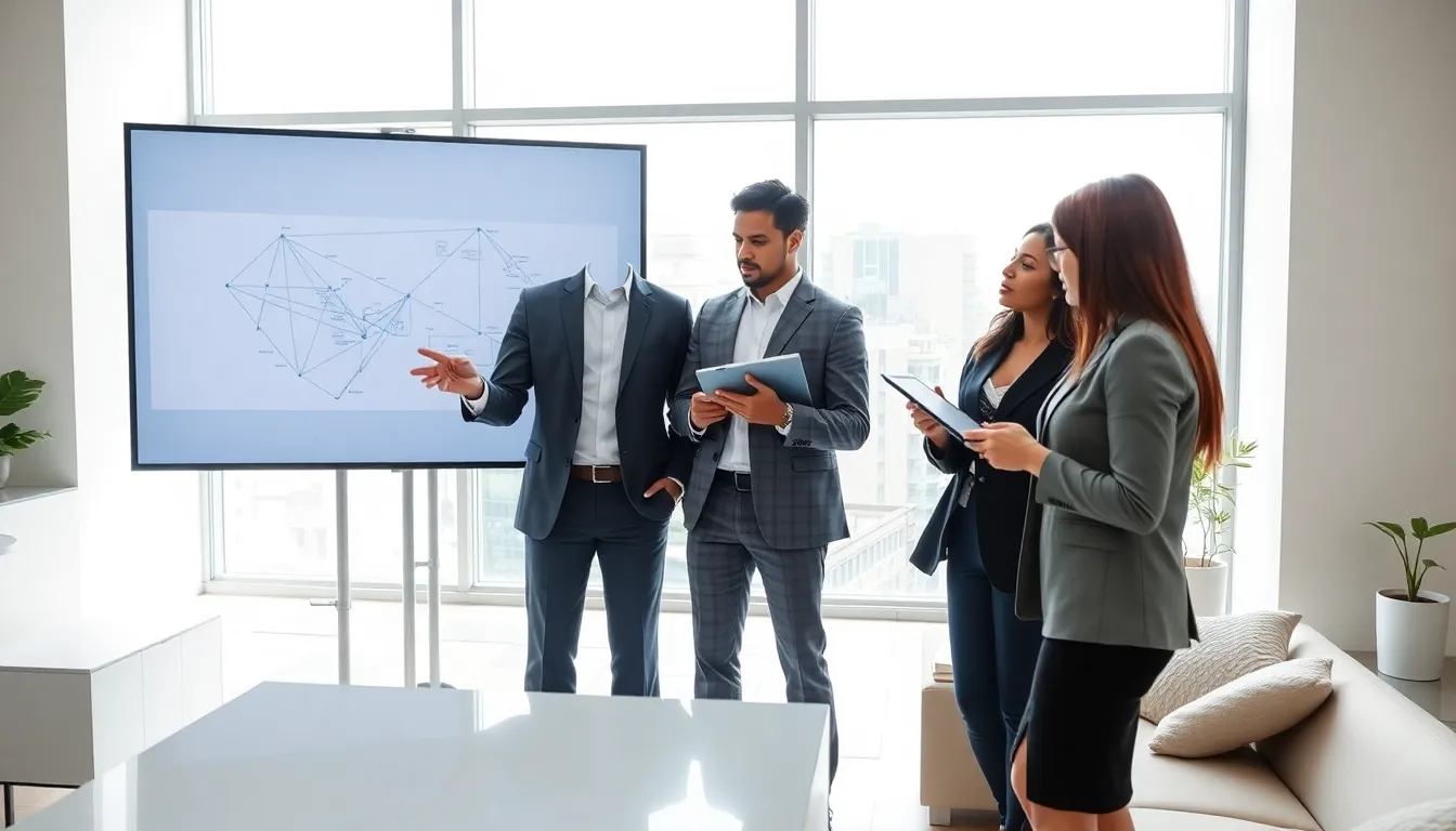 diverse professionals collaborating in a modern office around a digital blueprint.