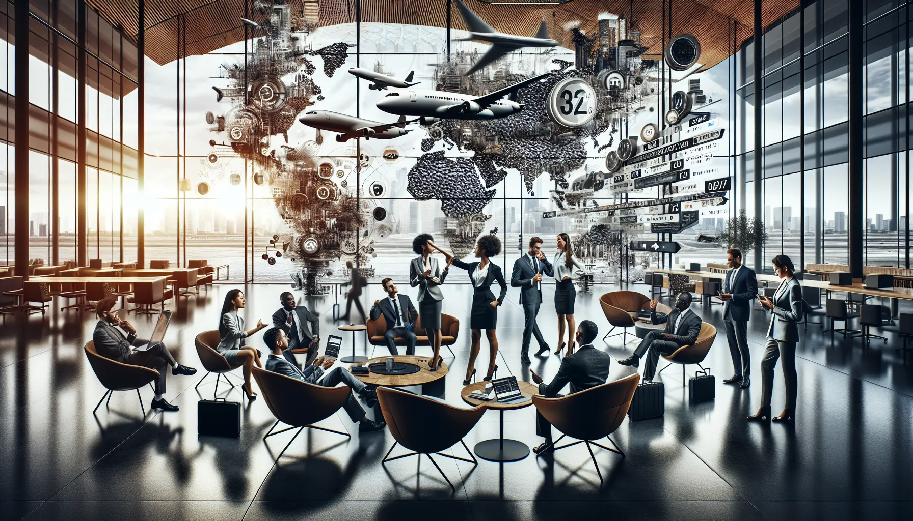 diverse professionals discussing travel discounts in a modern airport lounge.