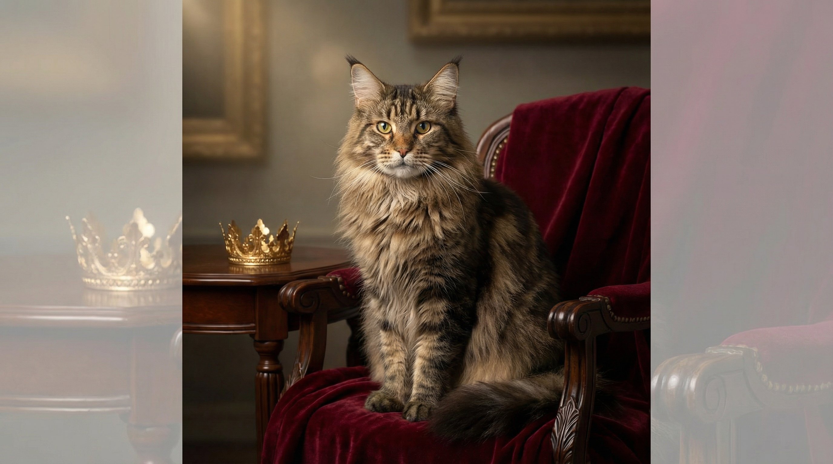 A majestic Maine Coon cat posed like royalty in a Renaissance-style portrait setting.
