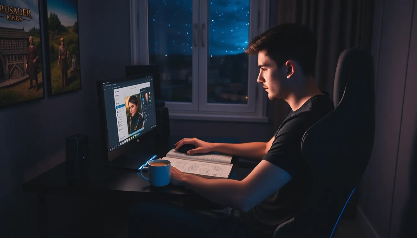 A young man gaming with CK2Generator in a cozy, dimly lit room.