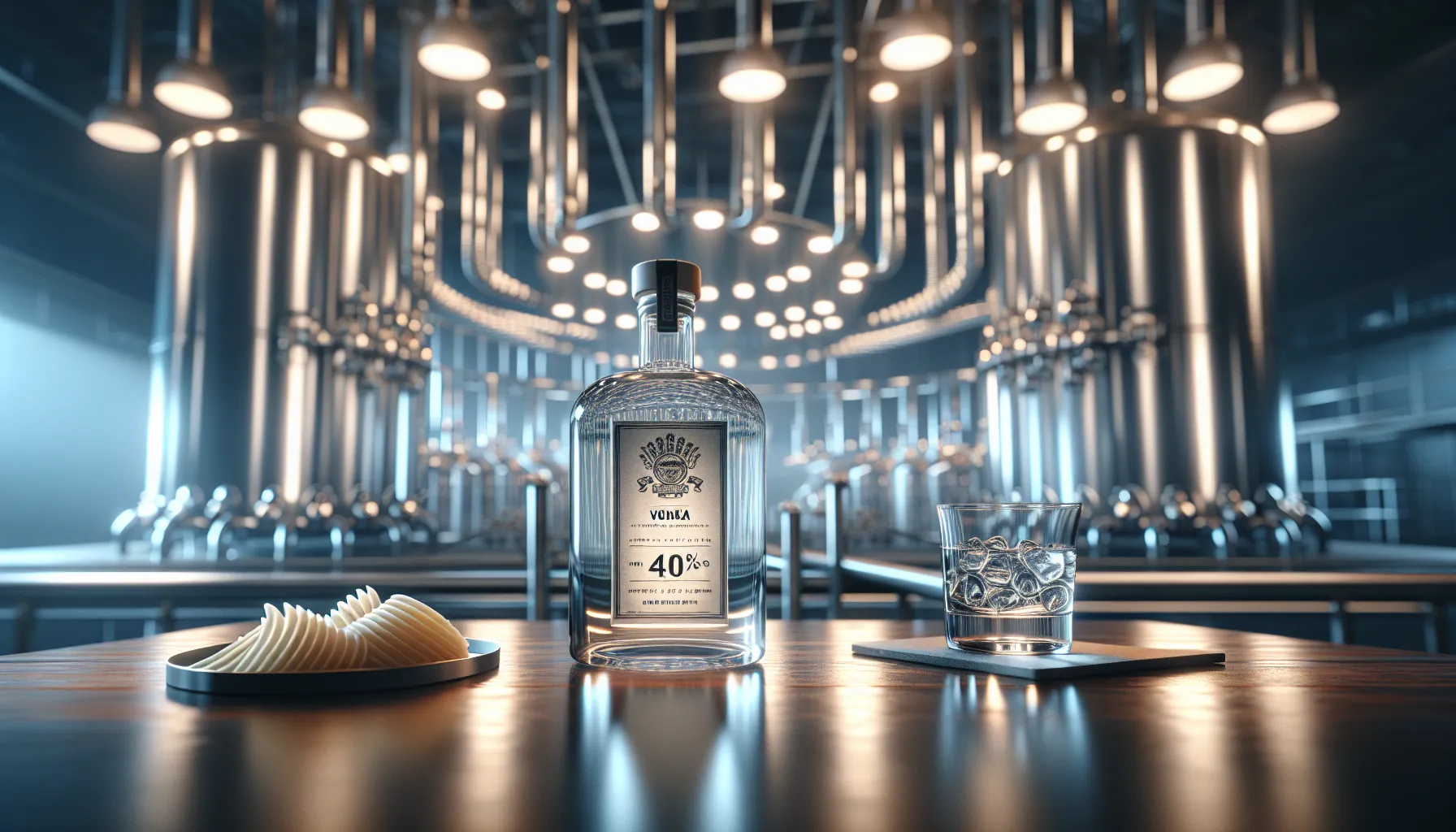 A premium vodka bottle on a counter with a distillery in the background.