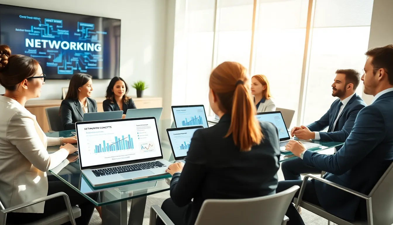 diverse professionals discussing networking concepts in a modern office.