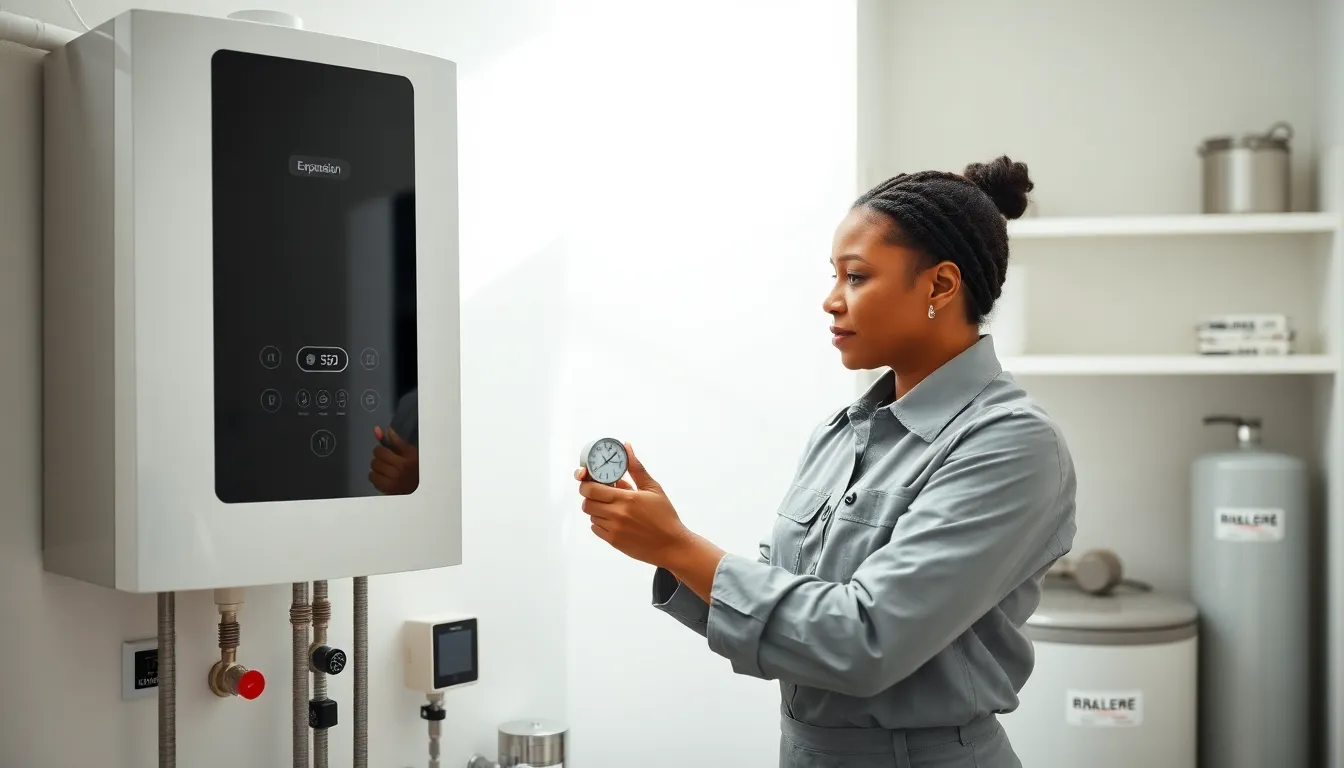 technician performing boiler maintenance in a modern utility room.
